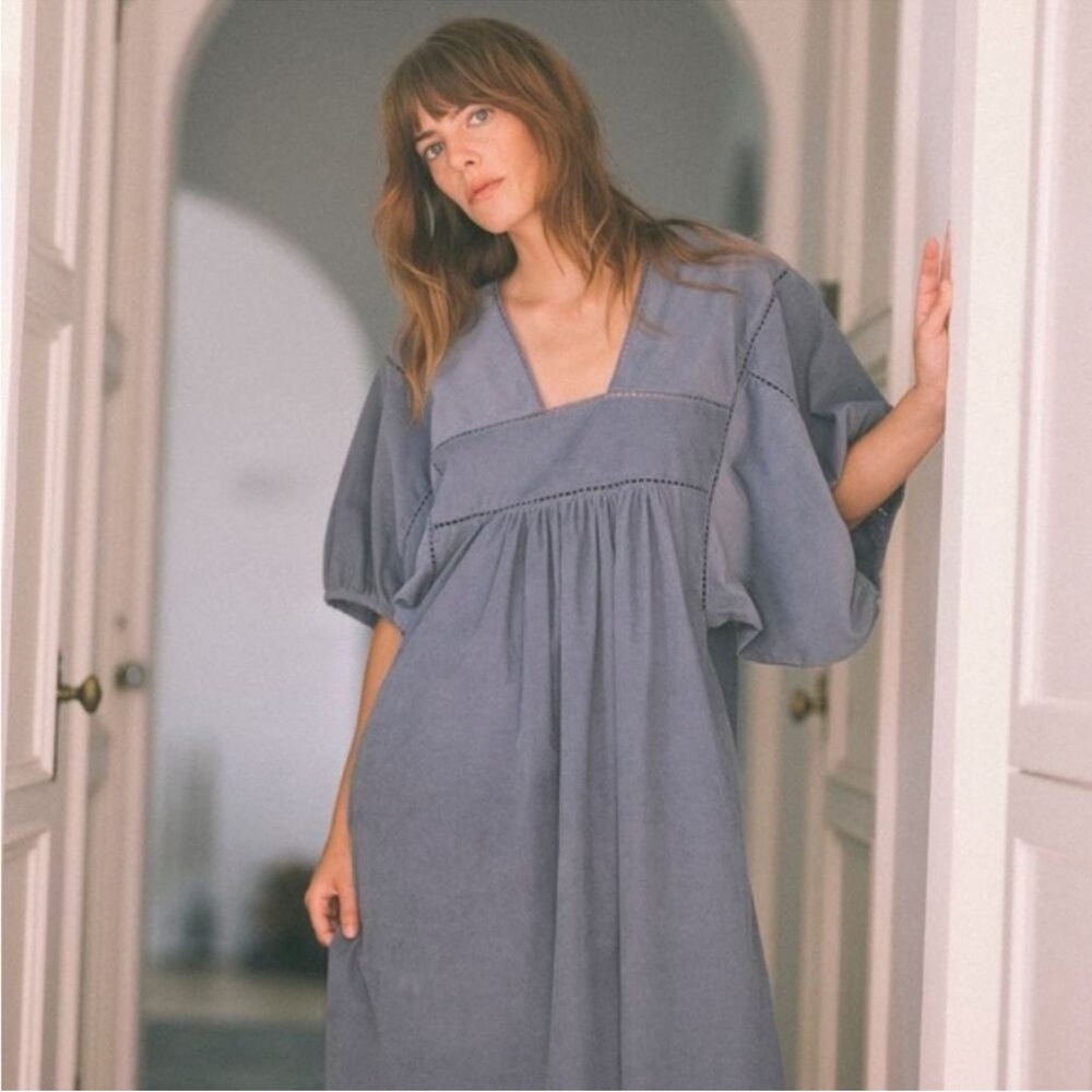 ST. ROCHE Lake Dress Midi Corduroy Puff Sleeves Oversized Slate Blue Medium